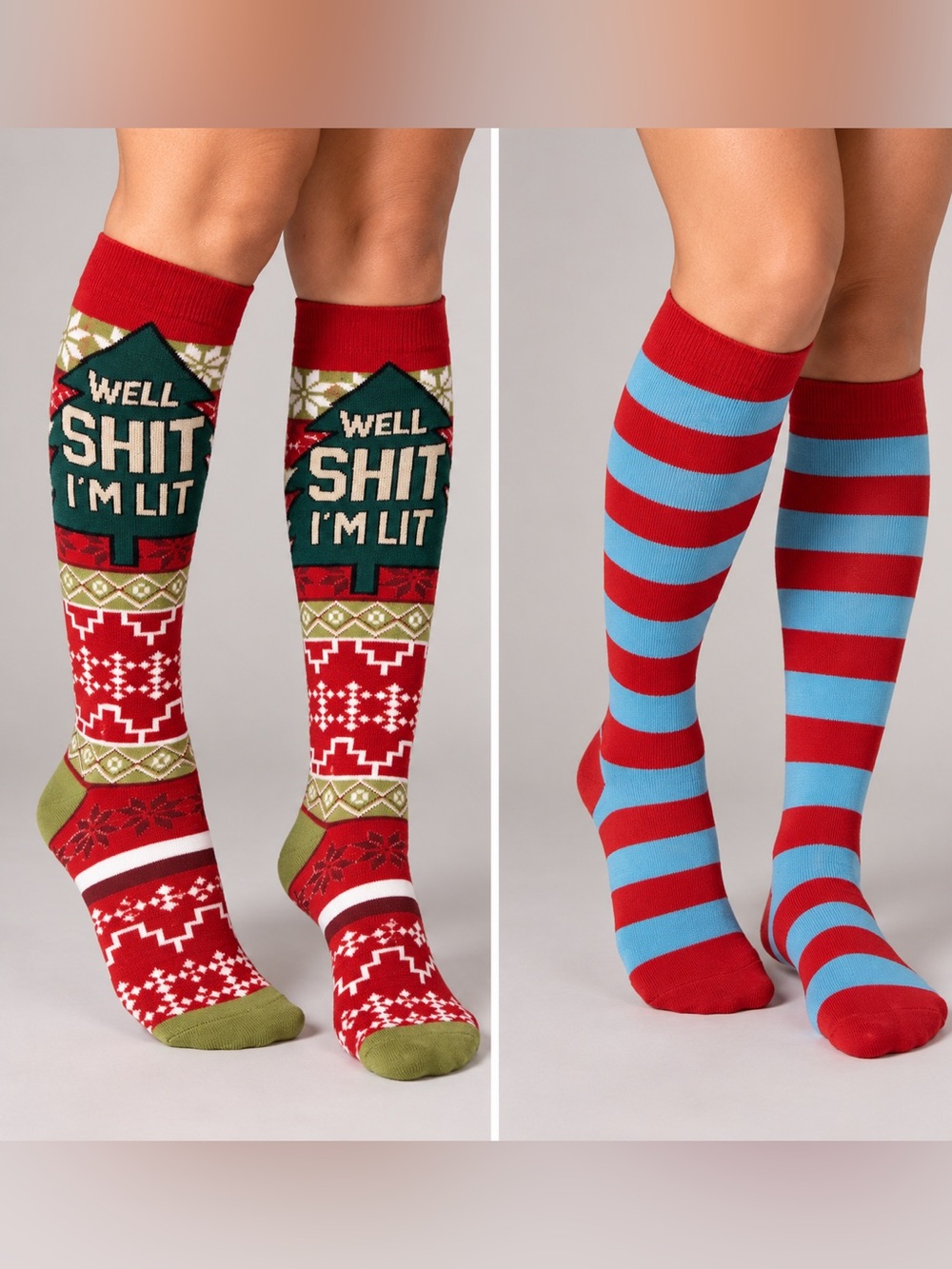 2-Pack Funny Christmas Knee High Socks Holiday Novelty Red Blue